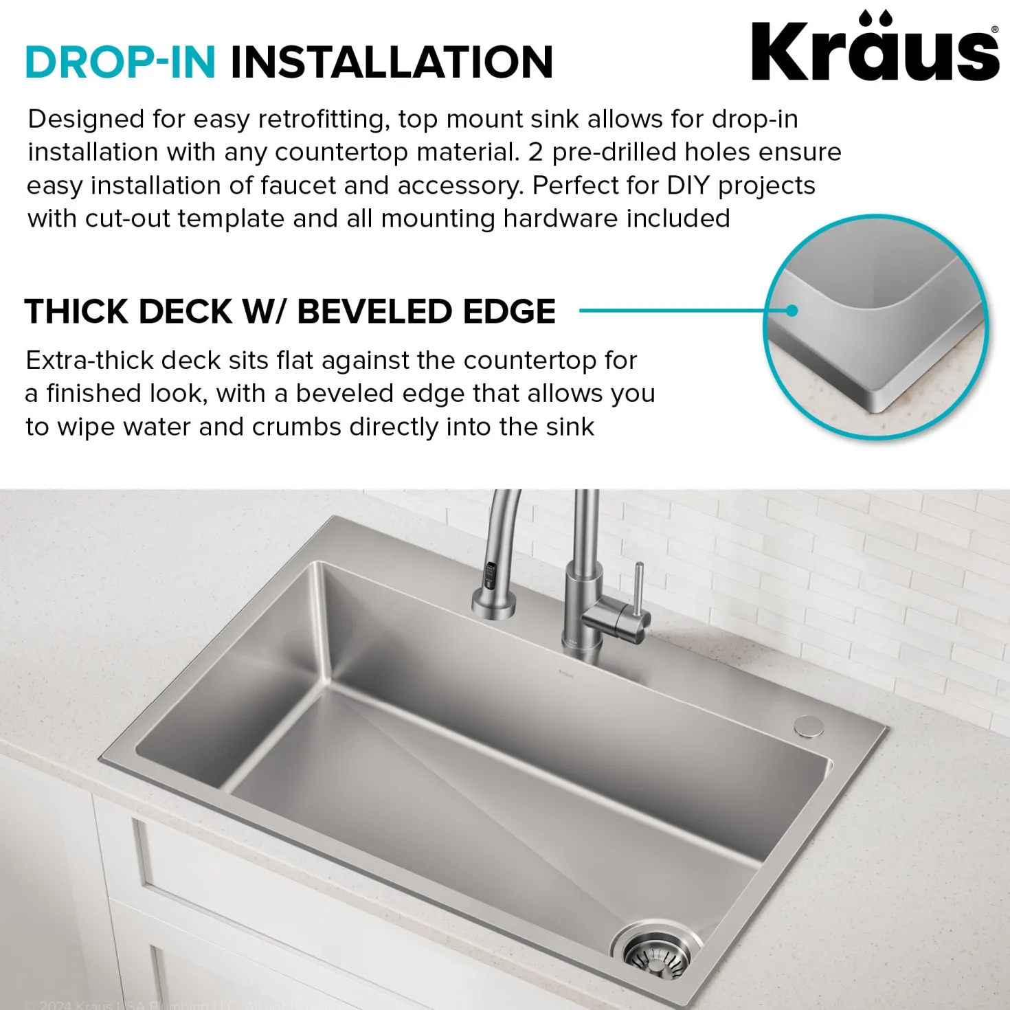 KRAUS 33” Topmount Single Bowl Stainless Steel Kitchen Sink