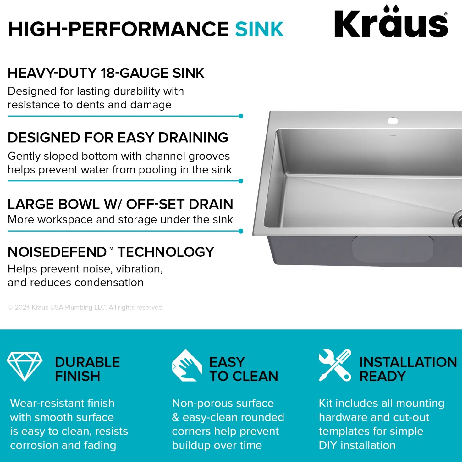 KRAUS 33” Topmount Single Bowl Stainless Steel Kitchen Sink
