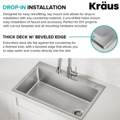 KRAUS 25” Topmount Single Bowl Stainless Steel Kitchen Sink