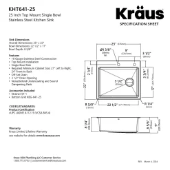 KRAUS 25” Topmount Single Bowl Stainless Steel Kitchen Sink