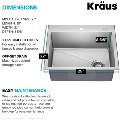 KRAUS 25” Topmount Single Bowl Stainless Steel Kitchen Sink