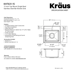 KRAUS 15” Topmount Single Bowl Stainless Steel Kitchen Bar Sink