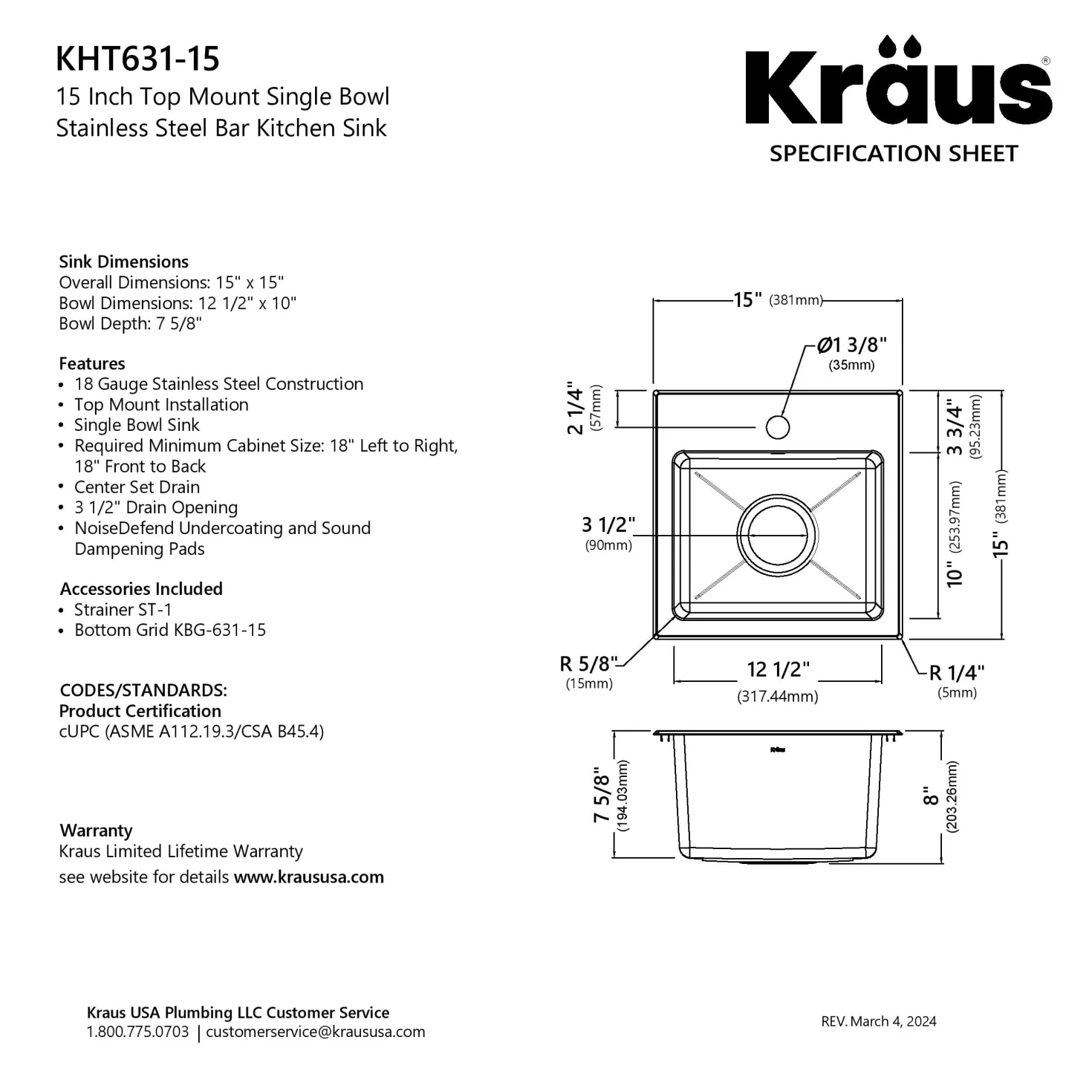 KRAUS 15” Topmount Single Bowl Stainless Steel Kitchen Bar Sink