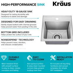 KRAUS 15” Topmount Single Bowl Stainless Steel Kitchen Bar Sink