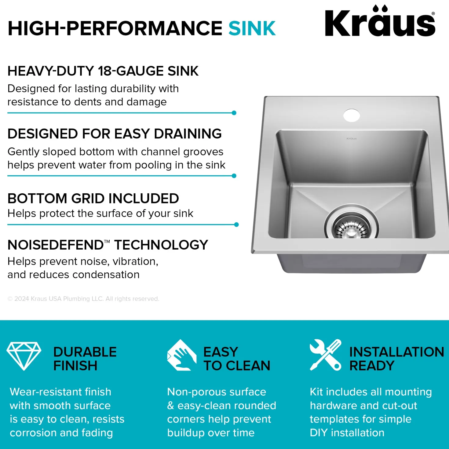 KRAUS 15” Topmount Single Bowl Stainless Steel Kitchen Bar Sink