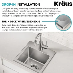 KRAUS 15” Topmount Single Bowl Stainless Steel Kitchen Bar Sink