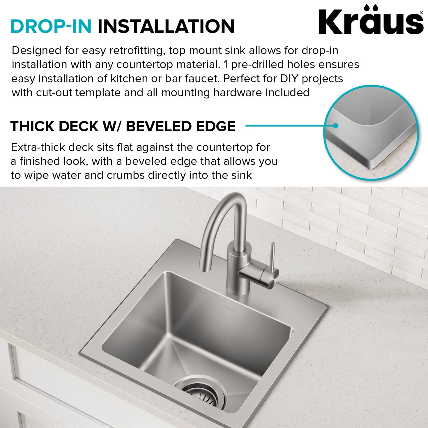 KRAUS 15” Topmount Single Bowl Stainless Steel Kitchen Bar Sink