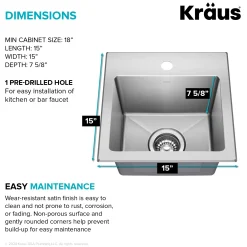 KRAUS 15” Topmount Single Bowl Stainless Steel Kitchen Bar Sink