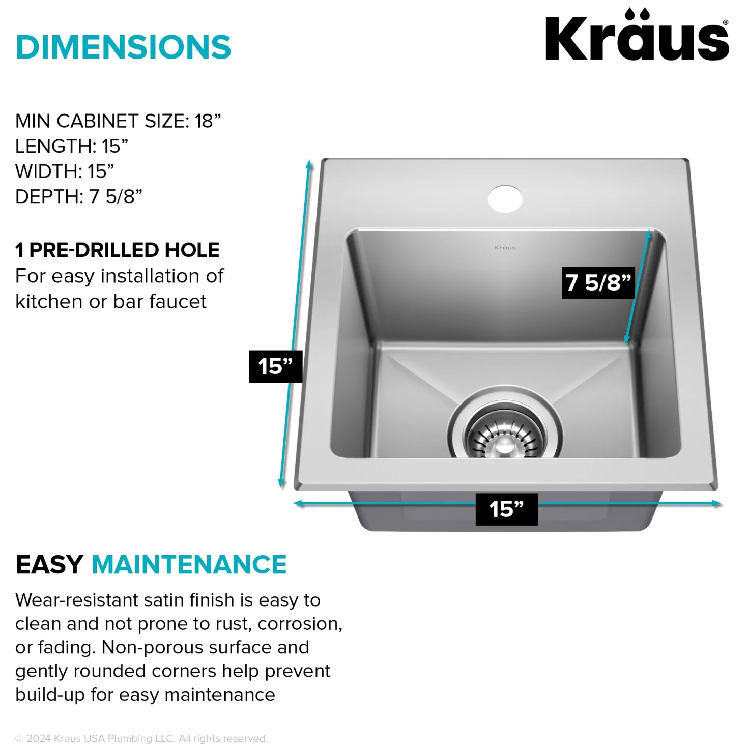 KRAUS 15” Topmount Single Bowl Stainless Steel Kitchen Bar Sink