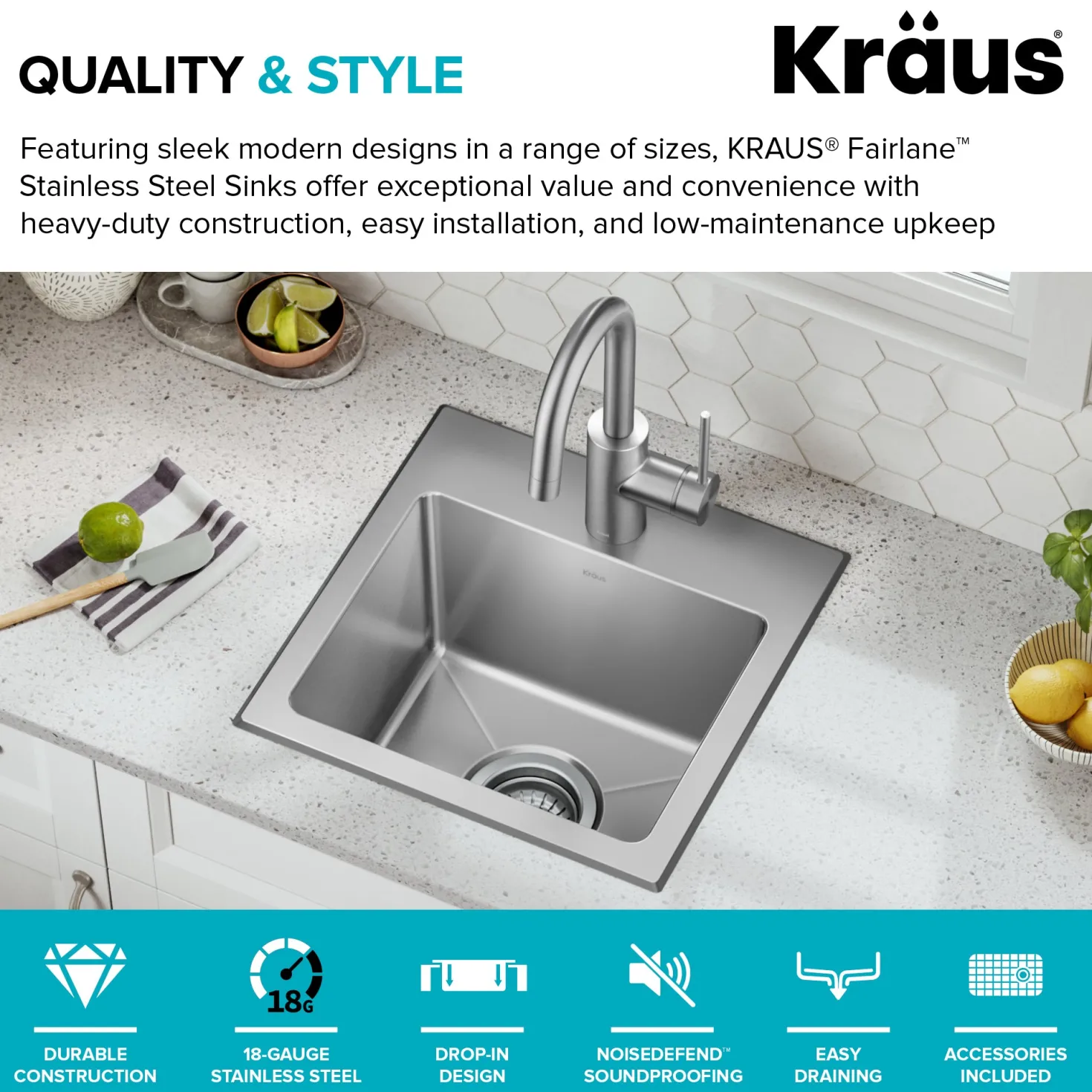 KRAUS 15” Topmount Single Bowl Stainless Steel Kitchen Bar Sink