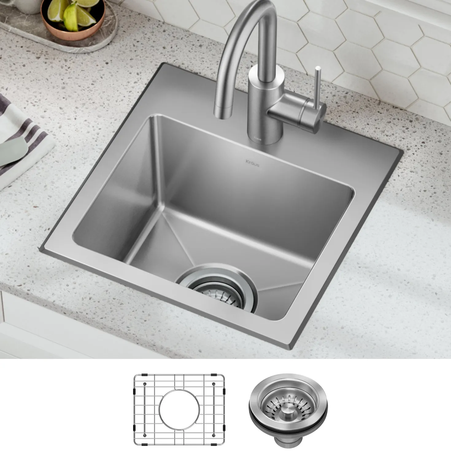 KRAUS 15” Topmount Single Bowl Stainless Steel Kitchen Bar Sink