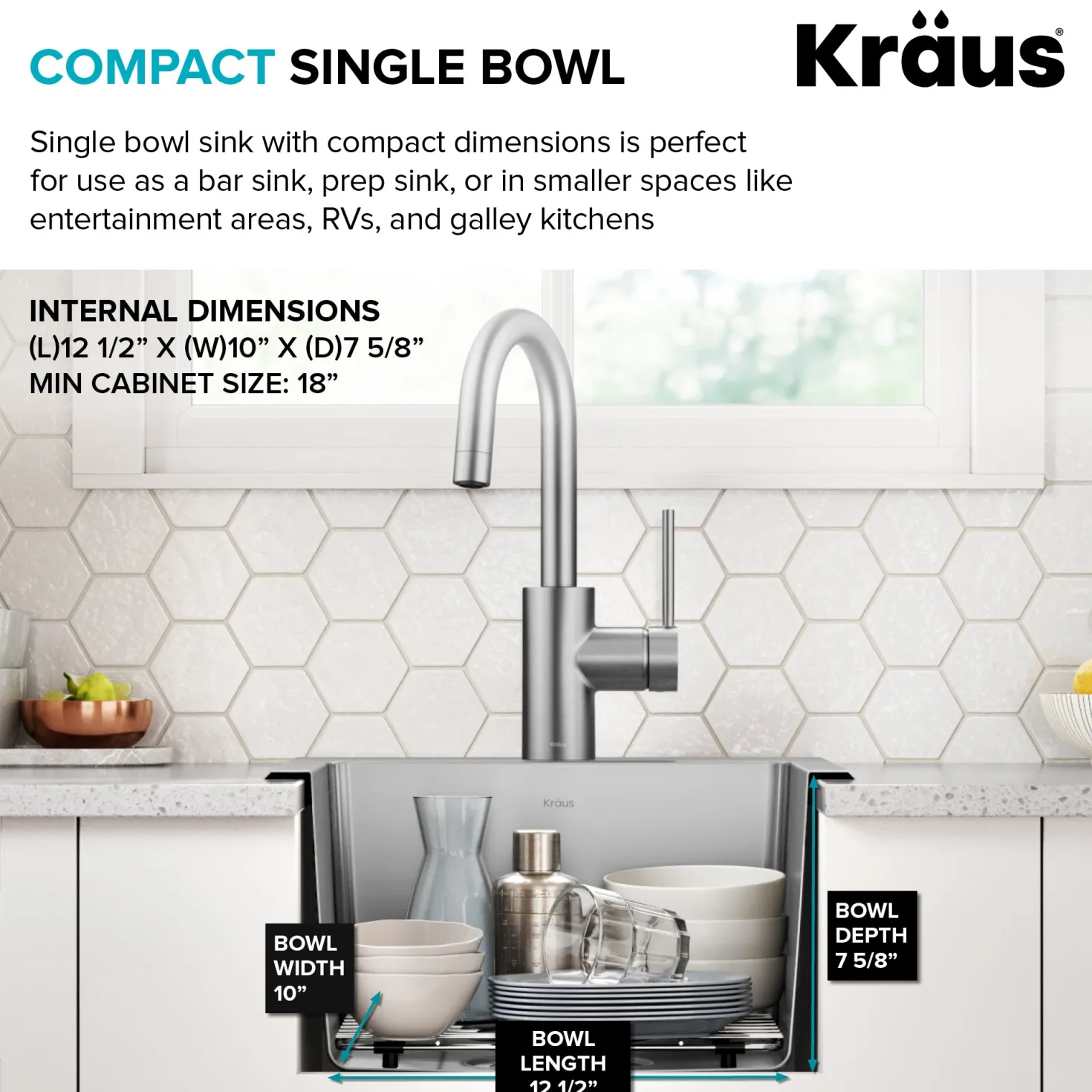 KRAUS 15” Topmount Single Bowl Stainless Steel Kitchen Bar Sink