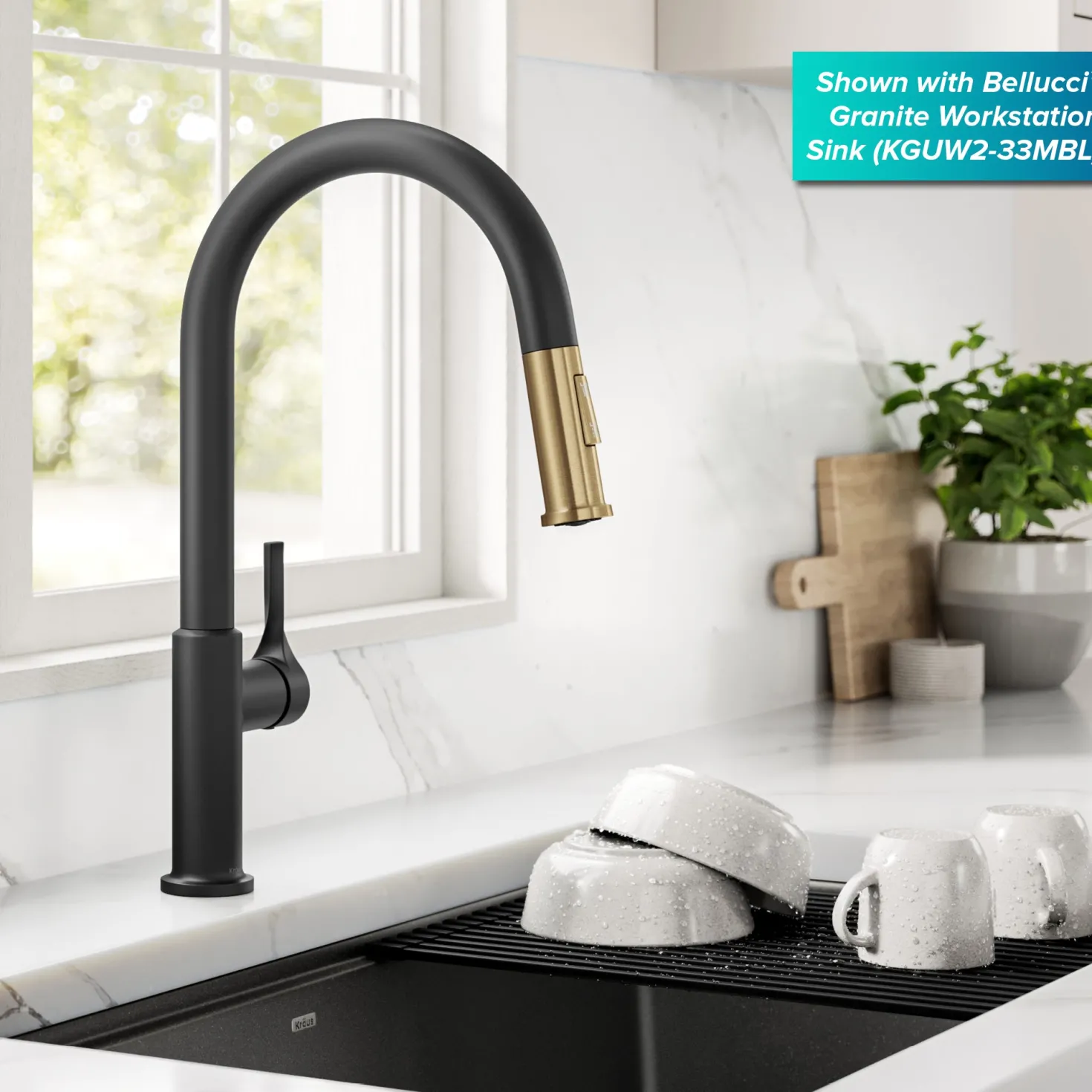 KRAUS Torak Single Handle Pull Down Kitchen Faucet in Matte Black with Brushed Brass