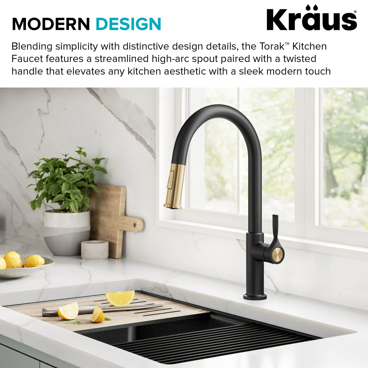 KRAUS Torak Single Handle Pull Down Kitchen Faucet in Matte Black with Brushed Brass