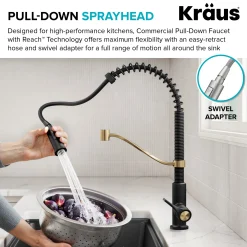 KRAUS Torak Single Handle Pull Down Kitchen Faucet in Matte Black with Brushed Brass