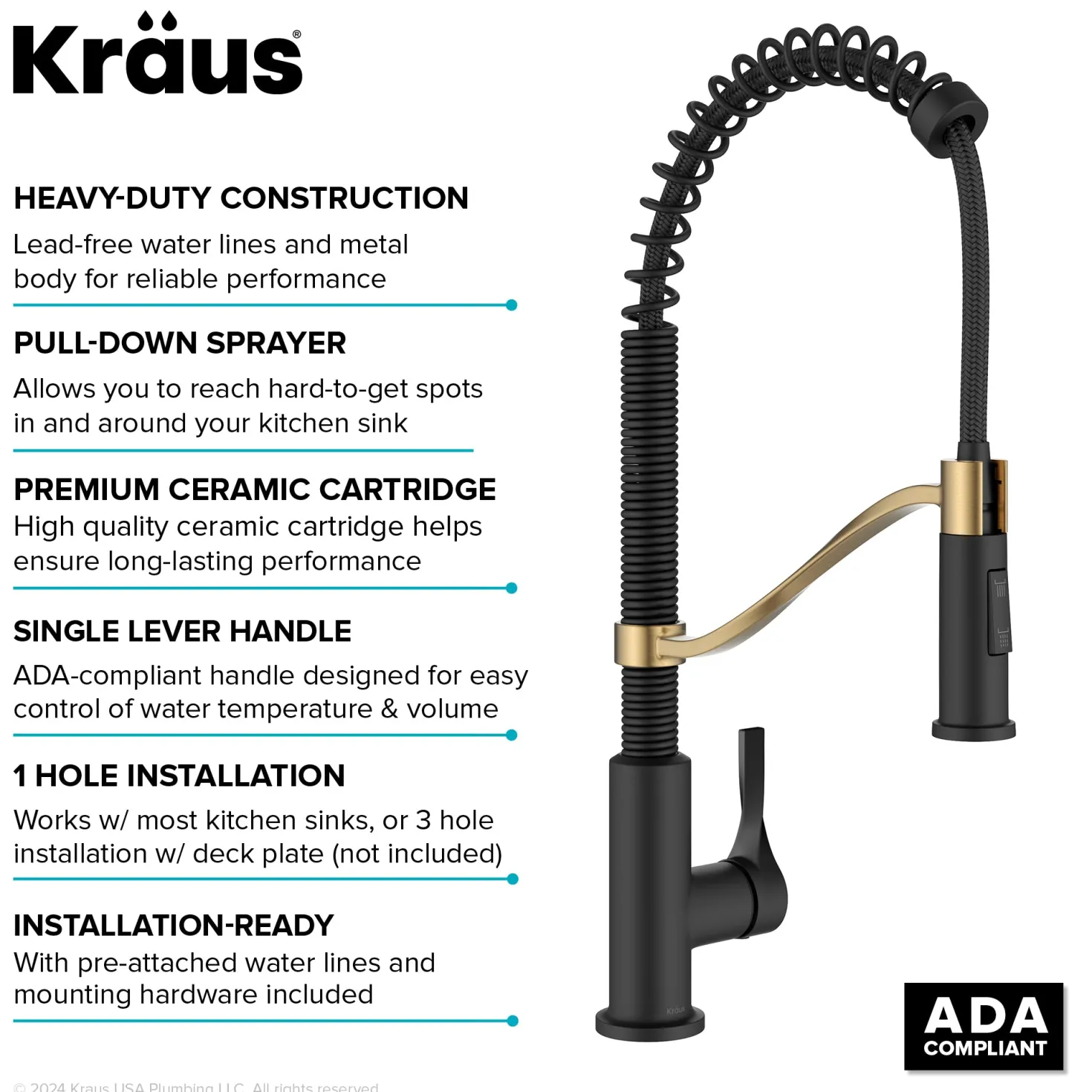 KRAUS Torak Single Handle Pull Down Kitchen Faucet in Matte Black with Brushed Brass