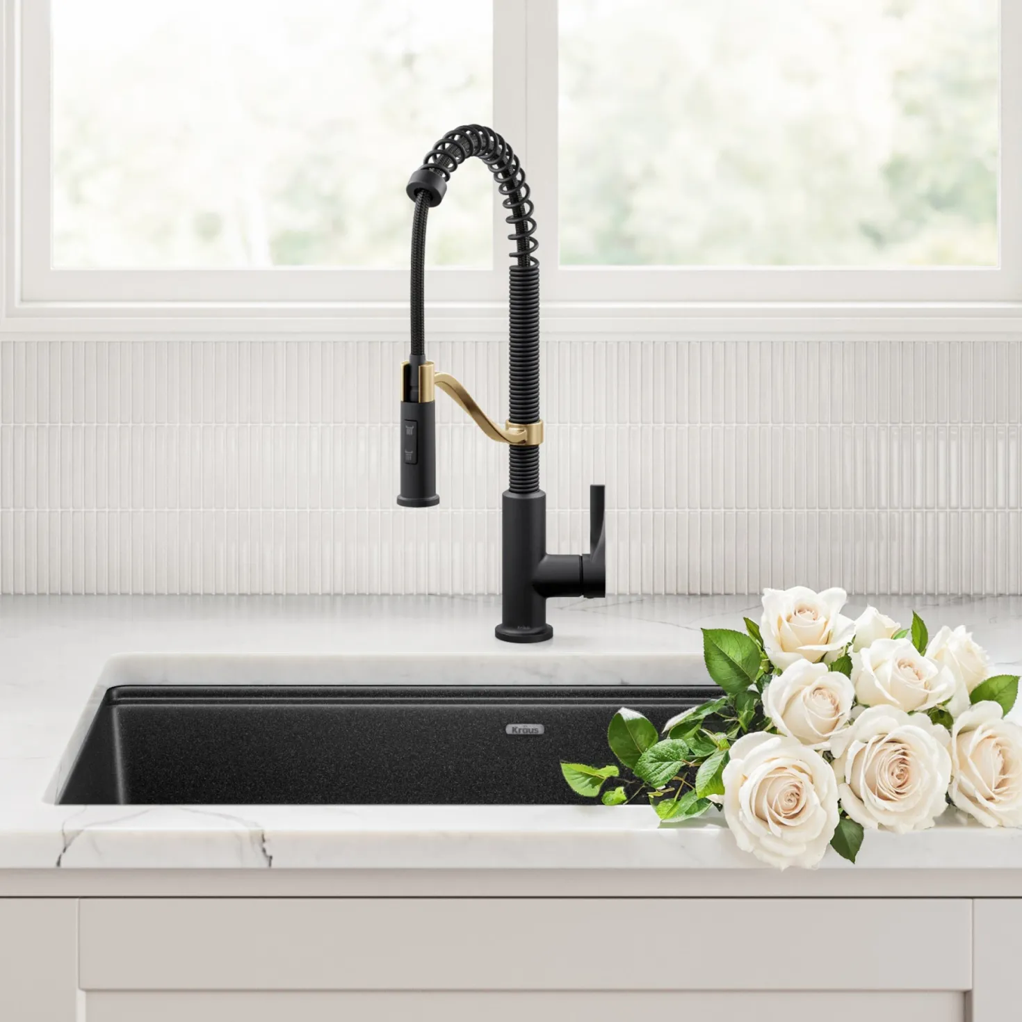 KRAUS Torak Single Handle Pull Down Kitchen Faucet in Matte Black with Brushed Brass