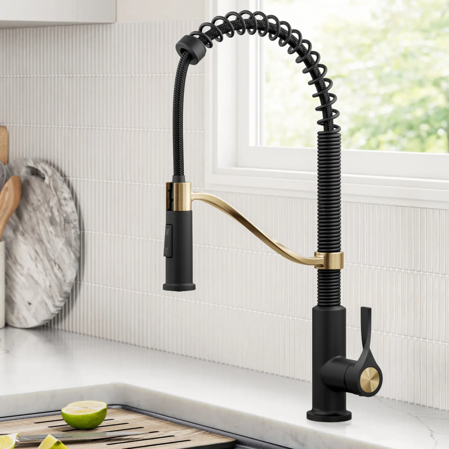 KRAUS Torak Single Handle Pull Down Kitchen Faucet in Matte Black with Brushed Brass
