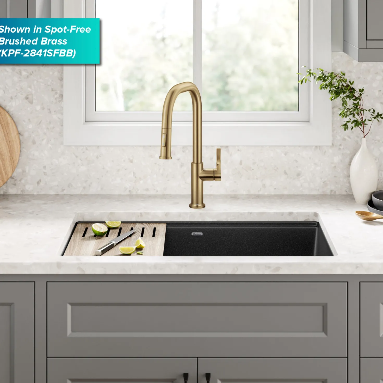 KRAUS Torak Single Handle Pull Down Kitchen Faucet in Matte Black with Brushed Brass