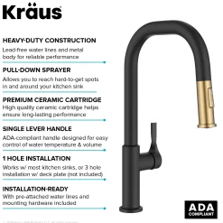 KRAUS Torak Single Handle Pull Down Kitchen Faucet in Matte Black with Brushed Brass