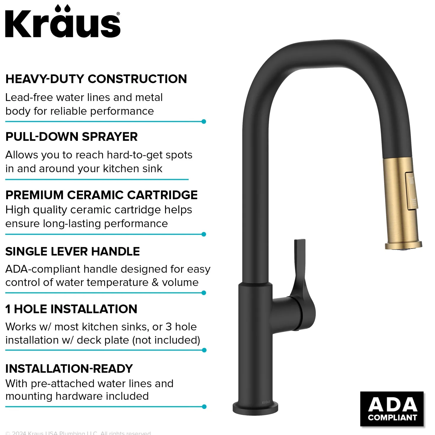 KRAUS Torak Single Handle Pull Down Kitchen Faucet in Matte Black with Brushed Brass