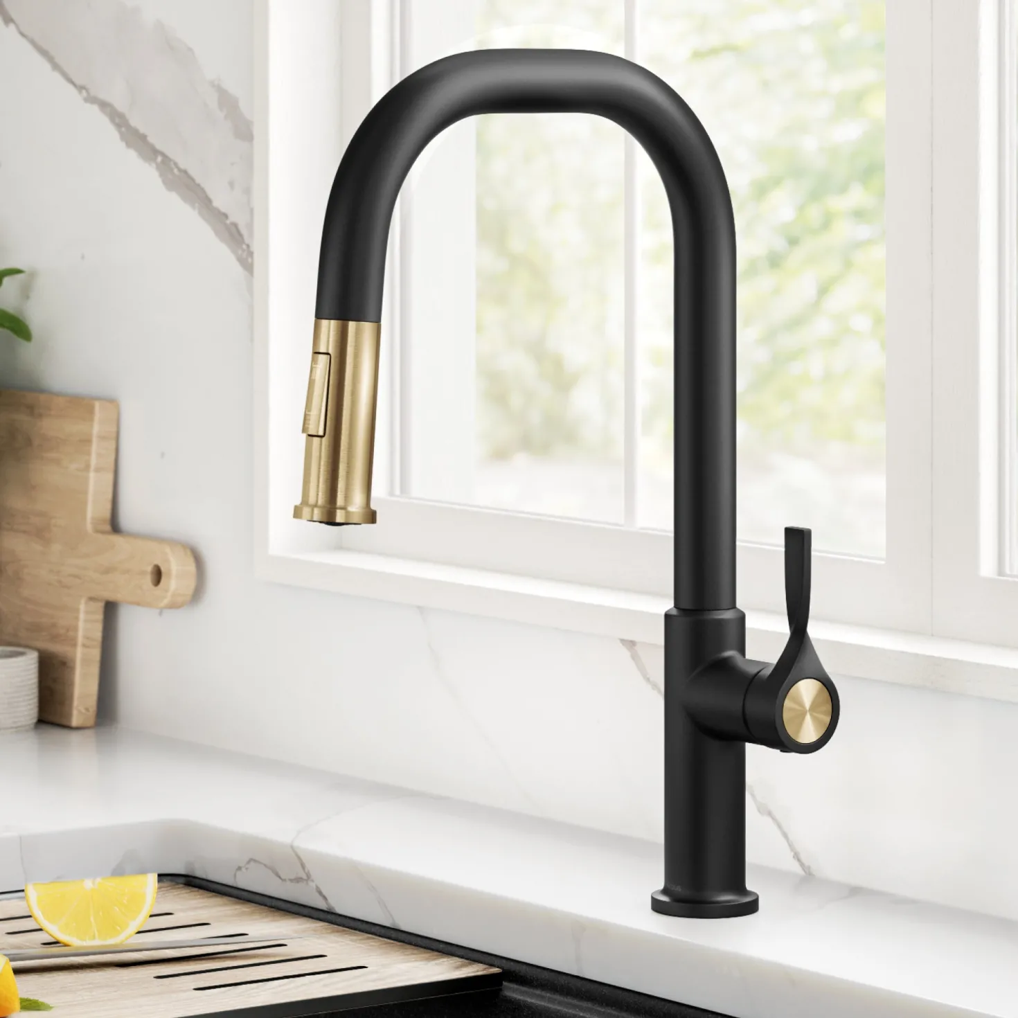 KRAUS Torak Single Handle Pull Down Kitchen Faucet in Matte Black with Brushed Brass