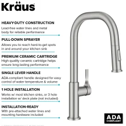 KRAUS Torak Single Handle Pull Down Kitchen Faucet in Spot-Free Stainless