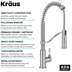 KRAUS Torak Single Handle Pull Down Kitchen Faucet in Spot-Free Stainless