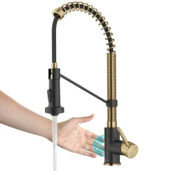 KRAUS Touchless Pull-Down Single Handle 18-Inch Kitchen Faucet in Brushed Brass & Matte Black