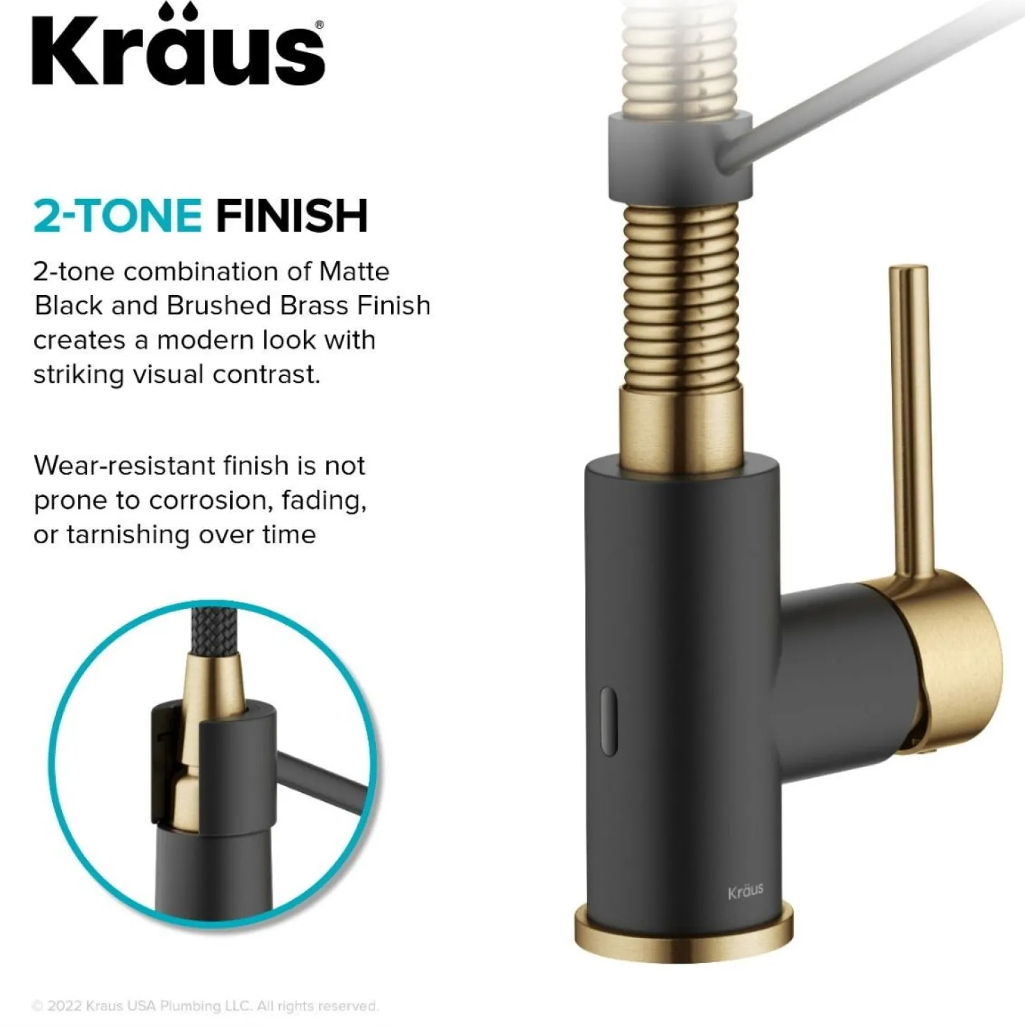 KRAUS Touchless Pull-Down Single Handle 18-Inch Kitchen Faucet in Brushed Brass & Matte Black