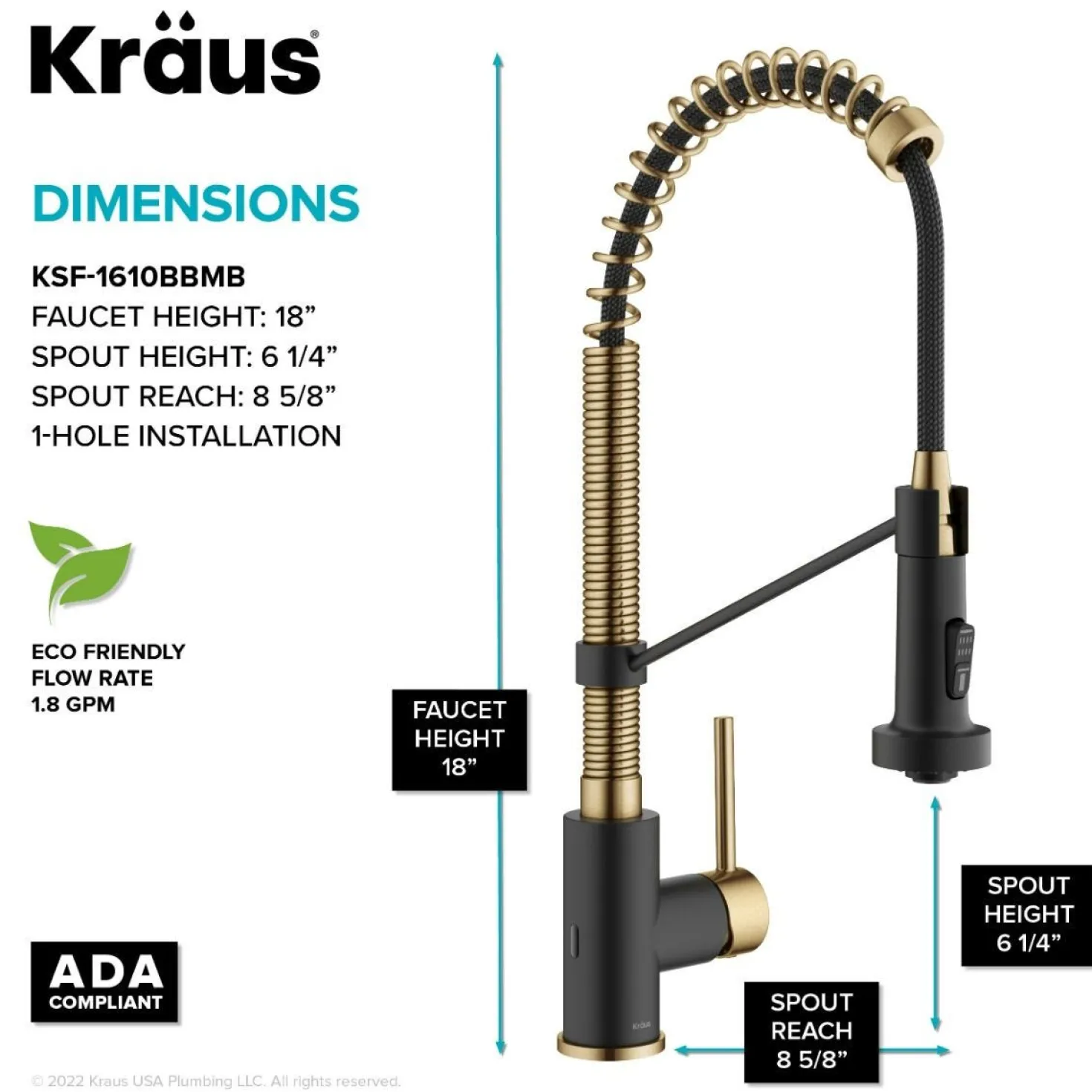 KRAUS Touchless Pull-Down Single Handle 18-Inch Kitchen Faucet in Brushed Brass & Matte Black