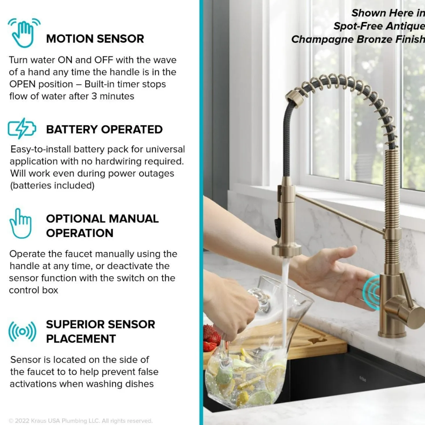KRAUS Touchless Pull-Down Single Handle 18-Inch Kitchen Faucet in Brushed Brass & Matte Black