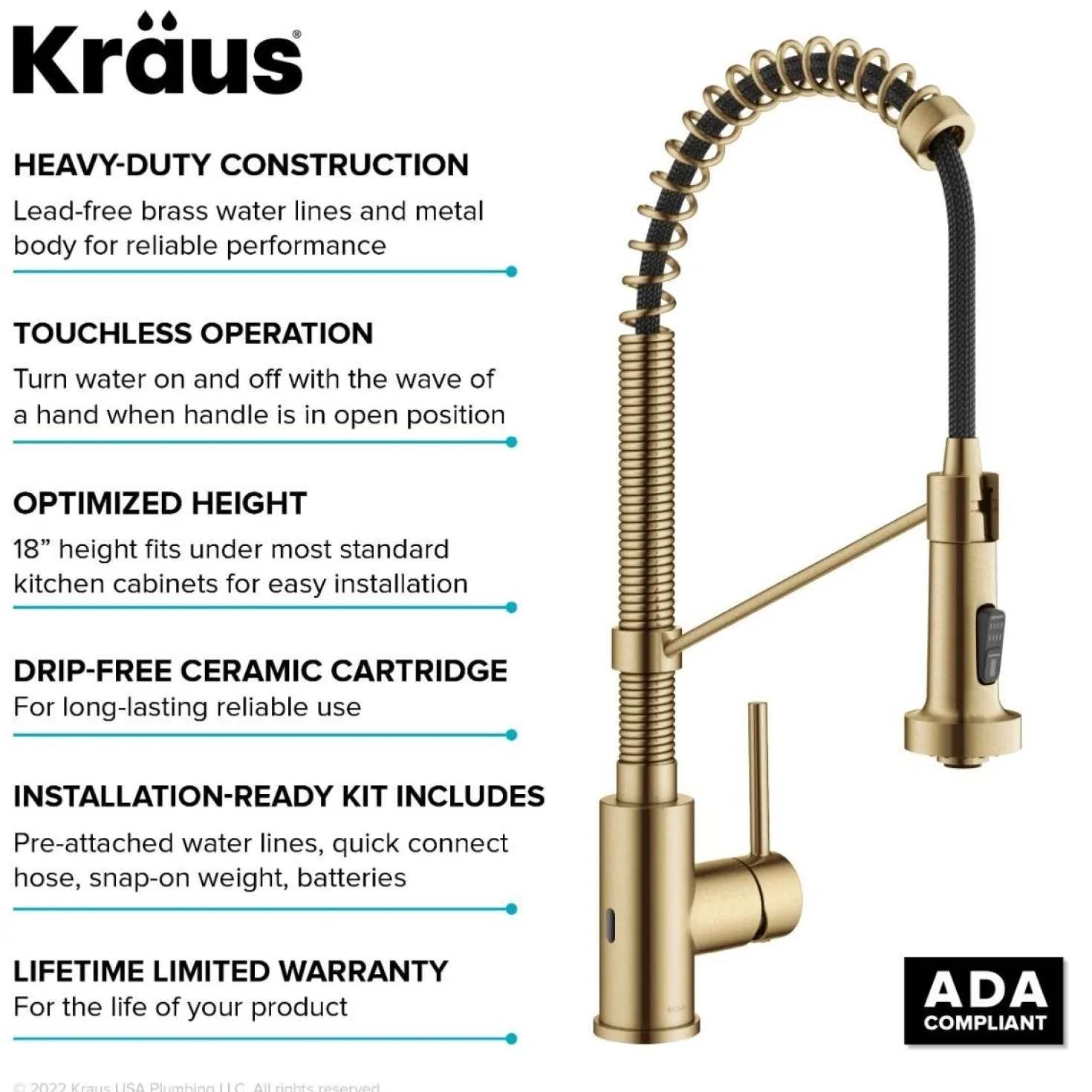KRAUS Touchless Pull-Down Single Handle 18-Inch Kitchen Faucet in Brushed Brass