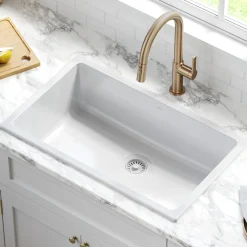 KRAUS Turino 30" Drop-In or Undermount Fireclay Kitchen Sink with Thick Mounting Deck in Gloss White