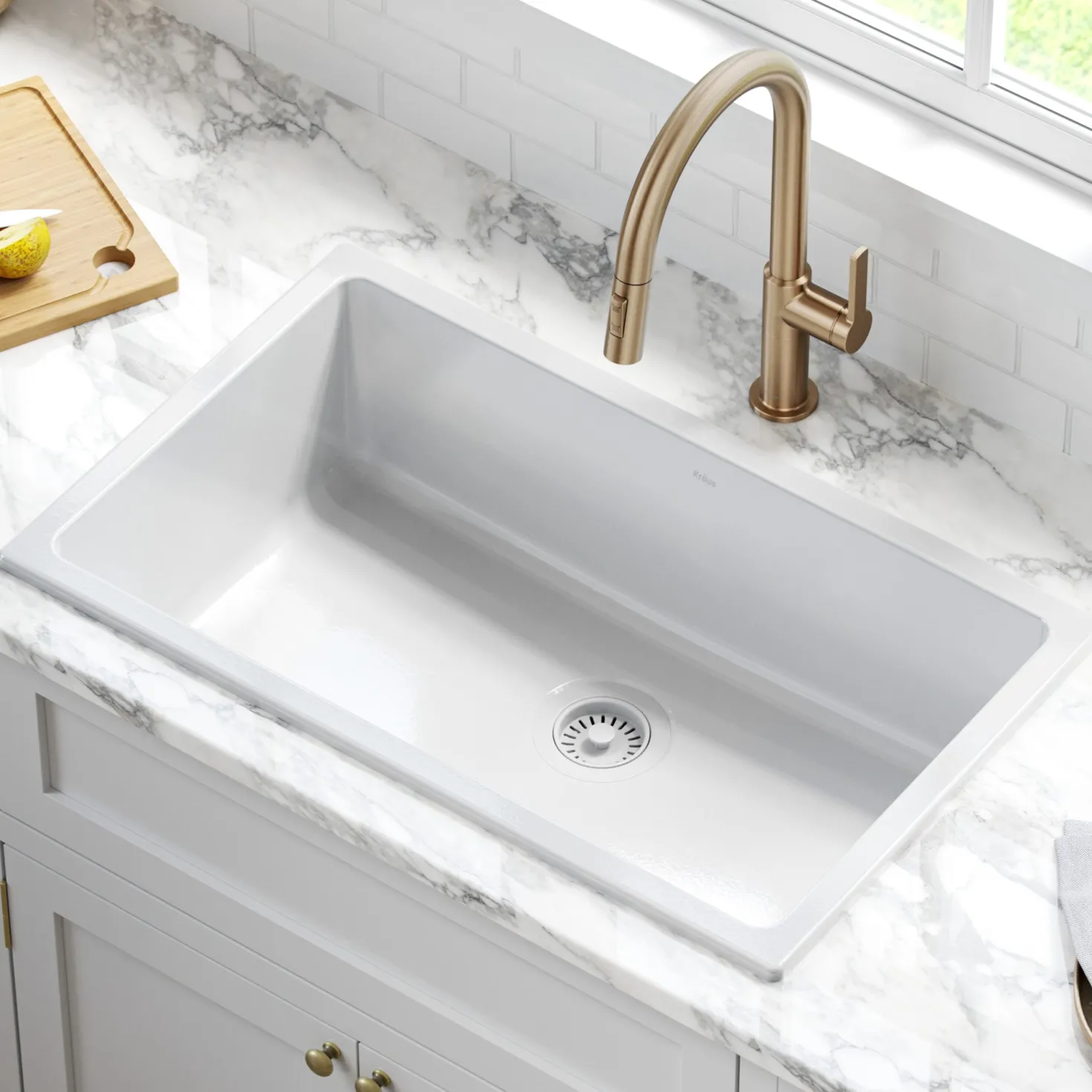KRAUS Turino 30" Drop-In or Undermount Fireclay Kitchen Sink with Thick Mounting Deck in Gloss White