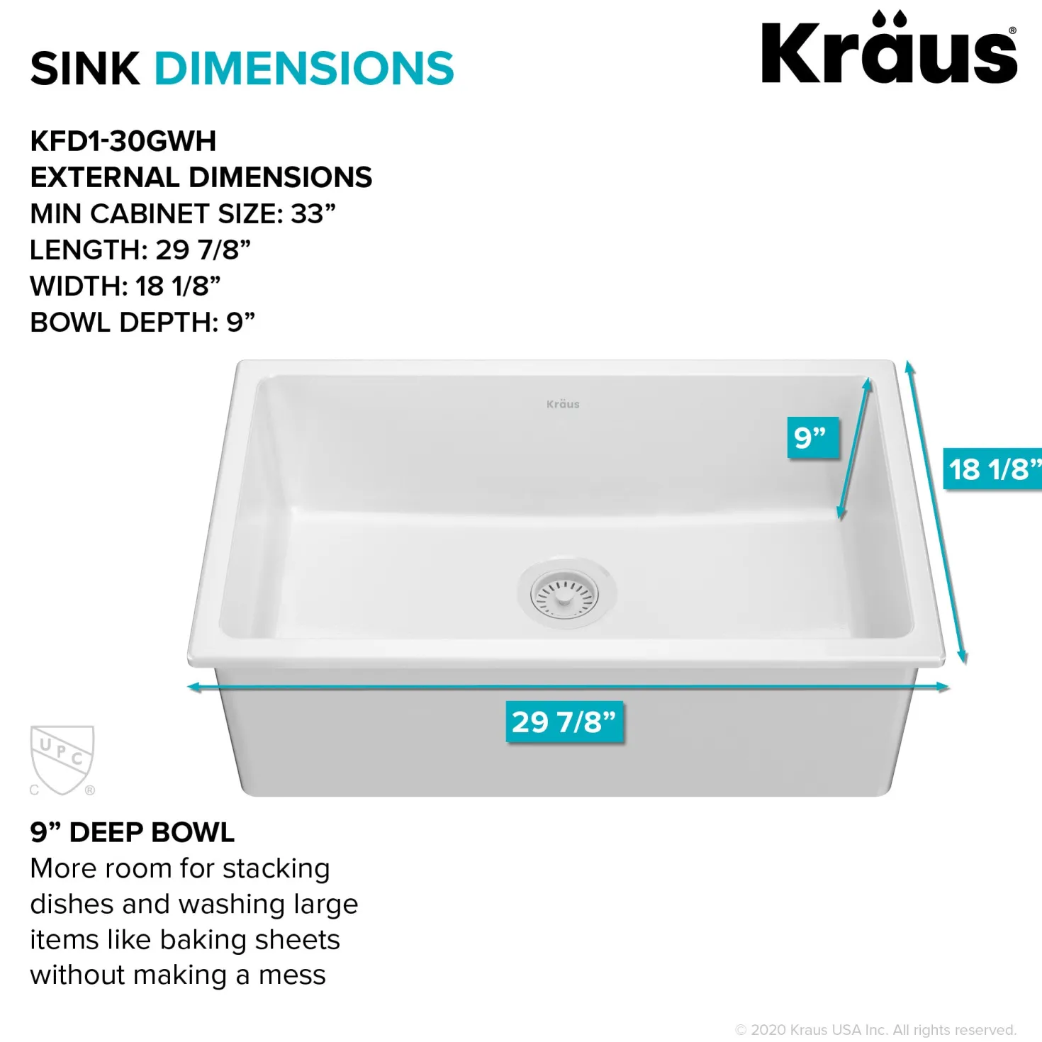 KRAUS Turino 30" Drop-In or Undermount Fireclay Kitchen Sink with Thick Mounting Deck in Gloss White
