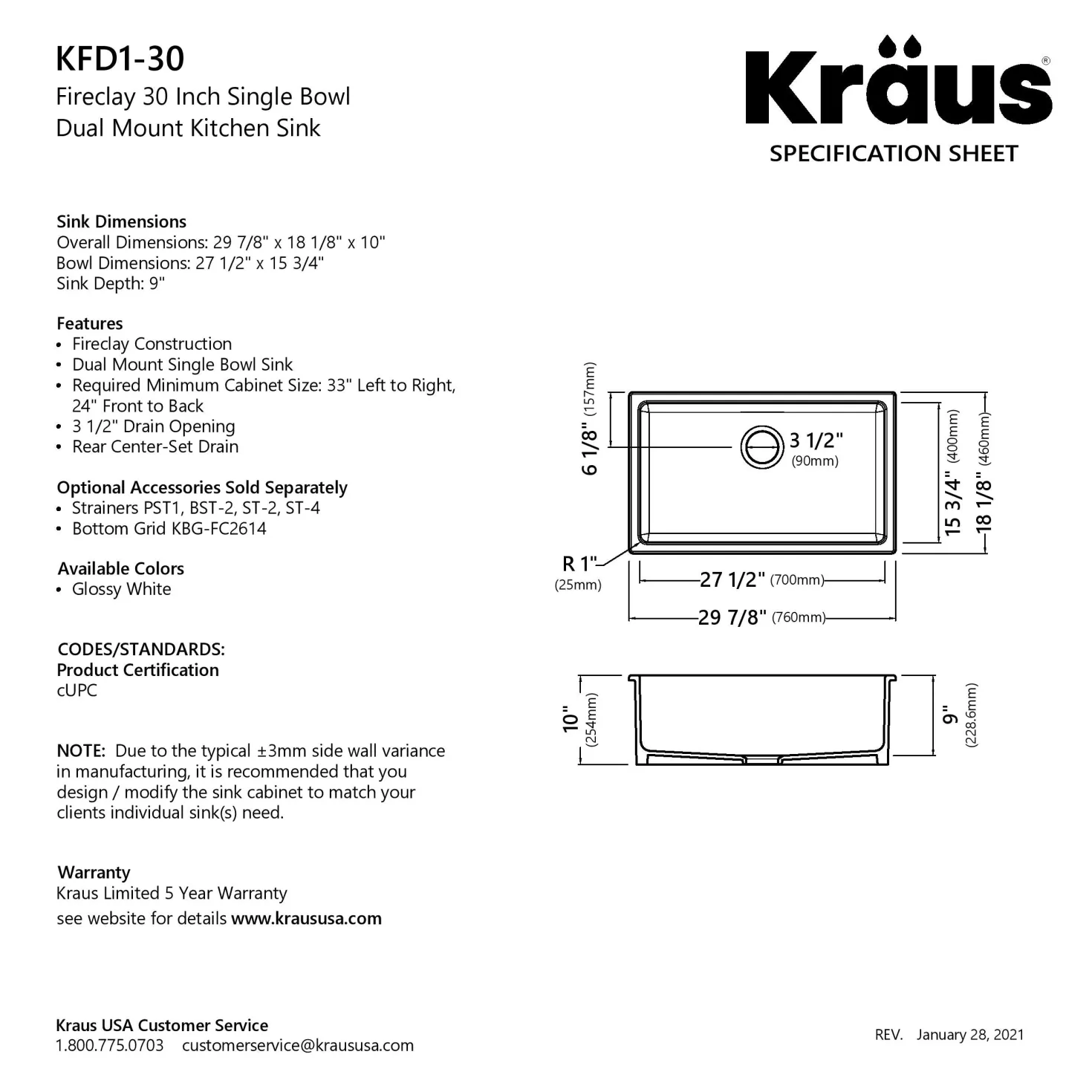 KRAUS Turino 30" Drop-In or Undermount Fireclay Kitchen Sink with Thick Mounting Deck in Gloss White