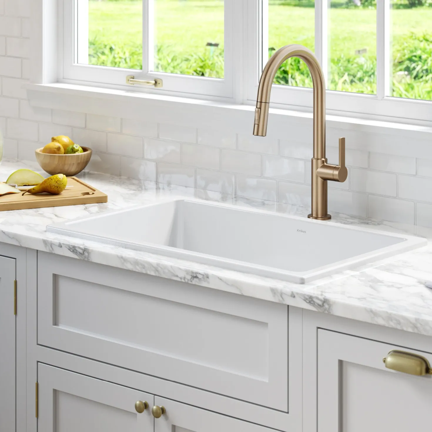 KRAUS Turino 30" Drop-In or Undermount Fireclay Kitchen Sink with Thick Mounting Deck in Gloss White