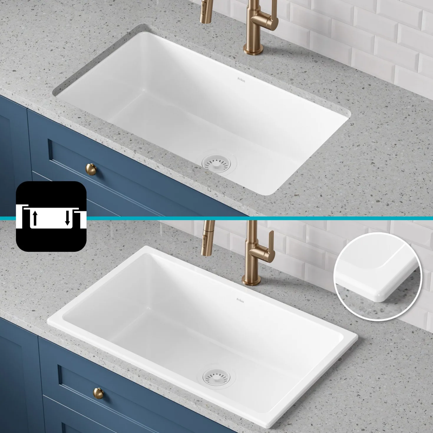 KRAUS Turino 30" Drop-In or Undermount Fireclay Kitchen Sink with Thick Mounting Deck in Gloss White