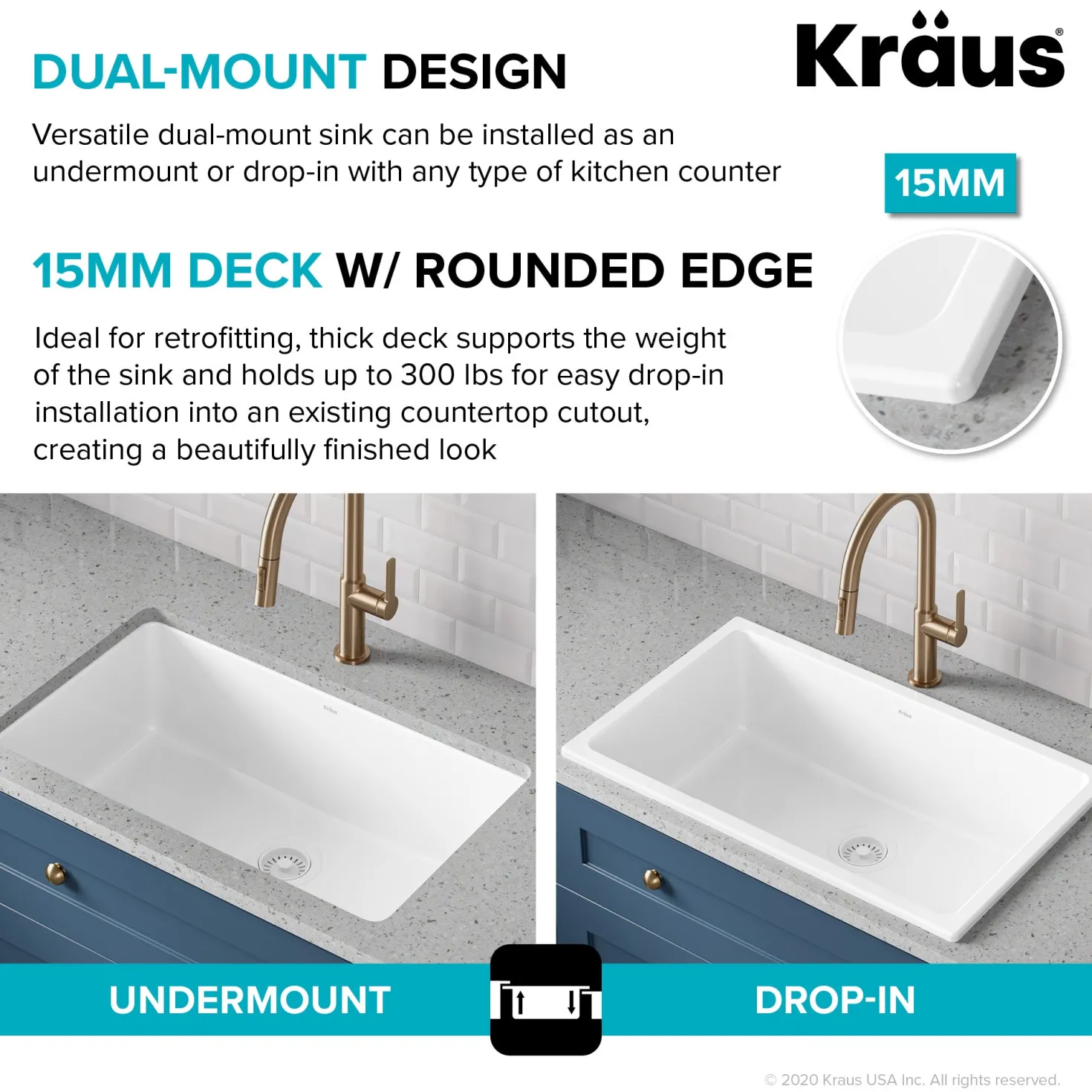 KRAUS Turino 30" Drop-In or Undermount Fireclay Kitchen Sink with Thick Mounting Deck in Gloss White