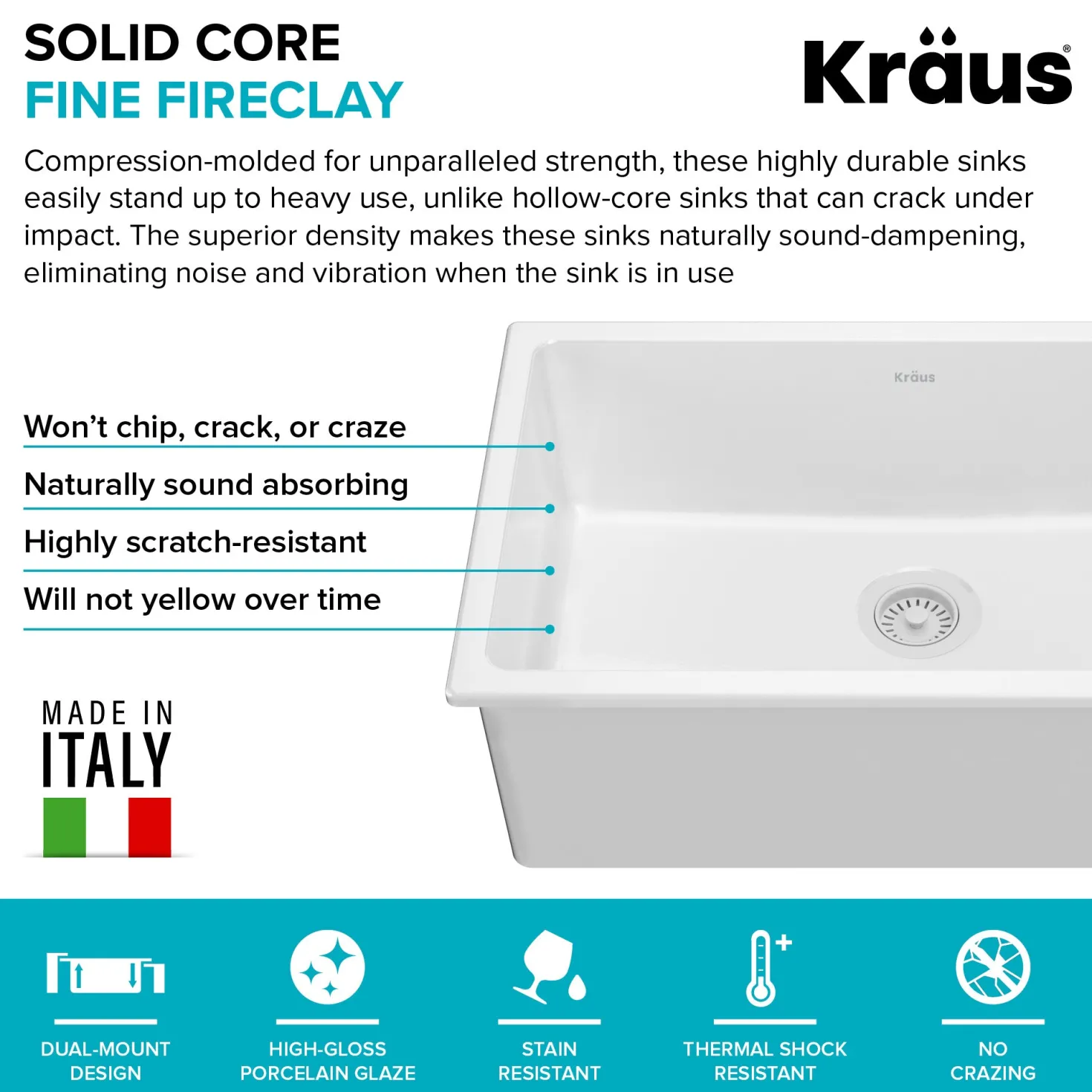 KRAUS Turino 30" Drop-In or Undermount Fireclay Kitchen Sink with Thick Mounting Deck in Gloss White