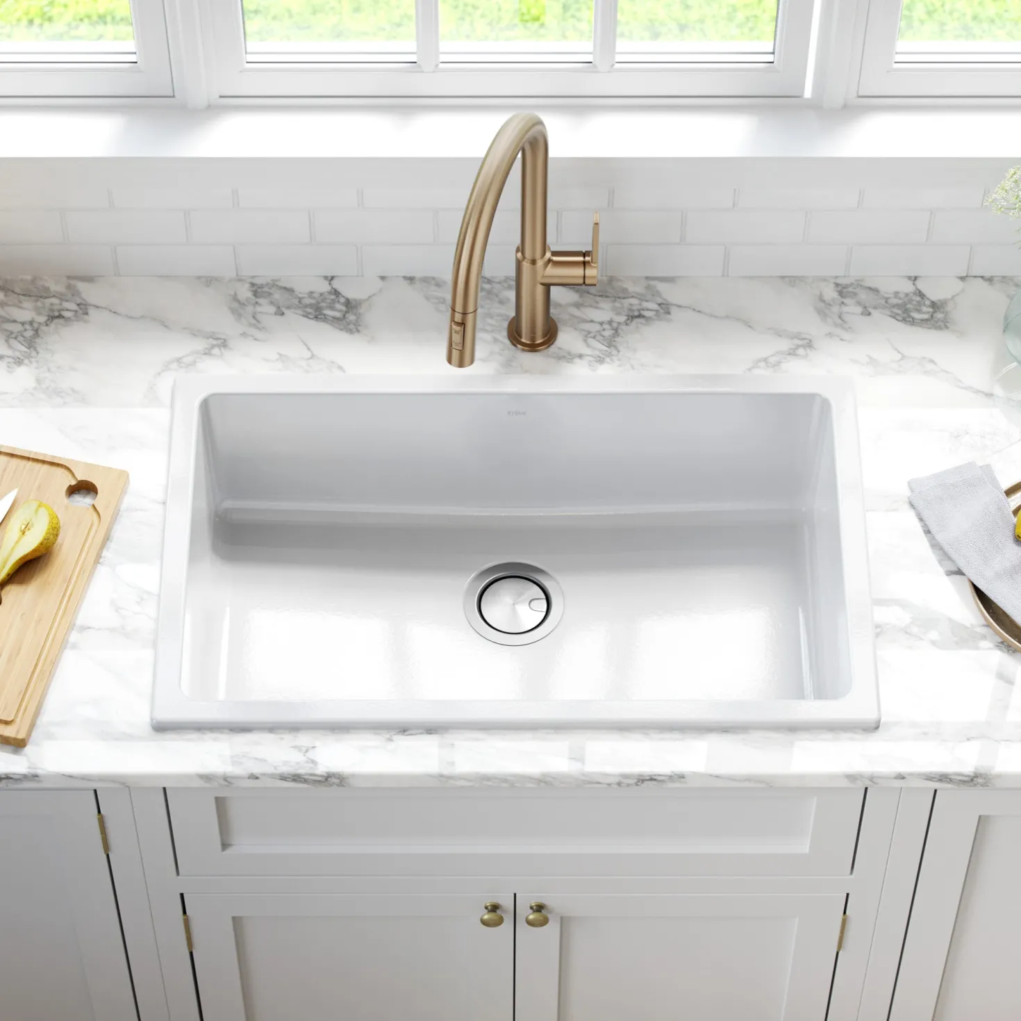 KRAUS Turino 30" Drop-In or Undermount Fireclay Kitchen Sink with Thick Mounting Deck in Gloss White