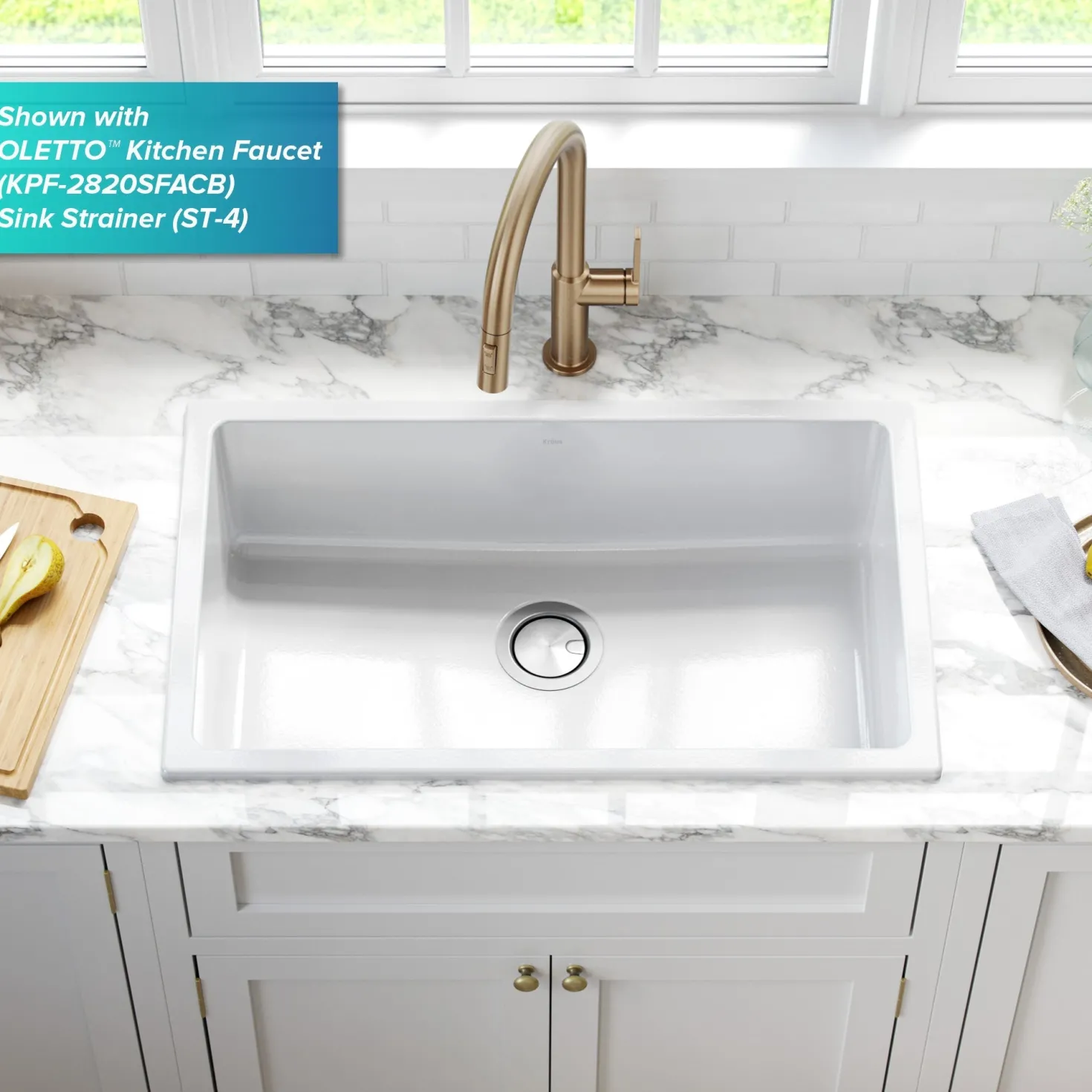 KRAUS Turino 30" Drop-In or Undermount Fireclay Kitchen Sink with Thick Mounting Deck in Gloss White