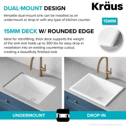 KRAUS Turino 24" Drop-In or Undermount Fireclay Kitchen Sink with Thick Mounting Deck in Gloss White