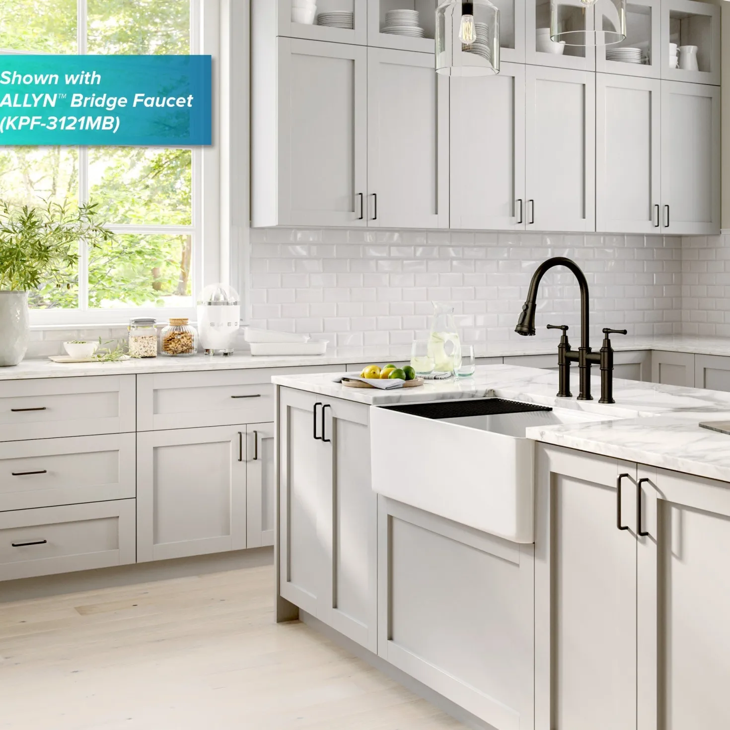 KRAUS Turino Workstation 33" Reversible Apron Front Fireclay Kitchen Sink with Accessories in Gloss White