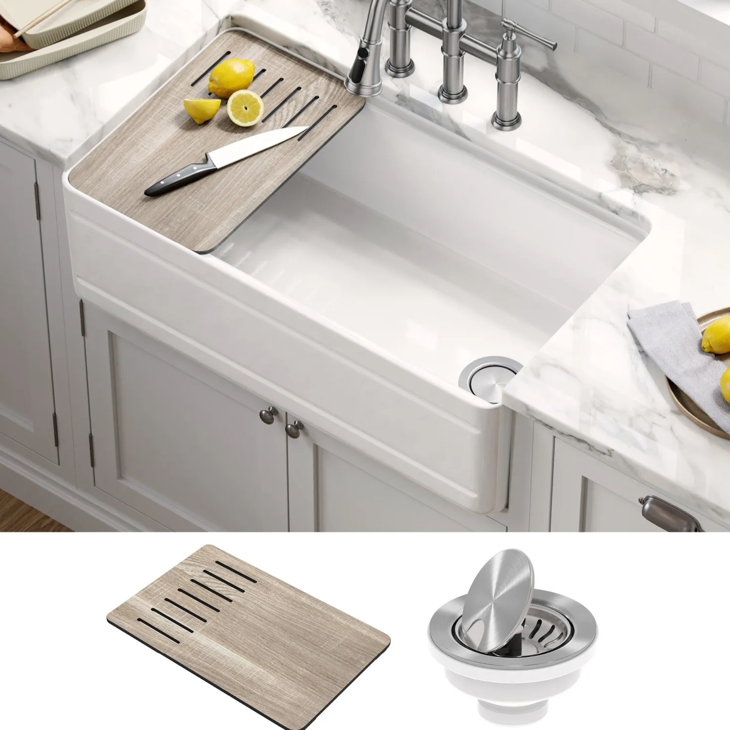 KRAUS Turino Workstation 33" Reversible Apron Front Fireclay Kitchen Sink with Accessories in Gloss White