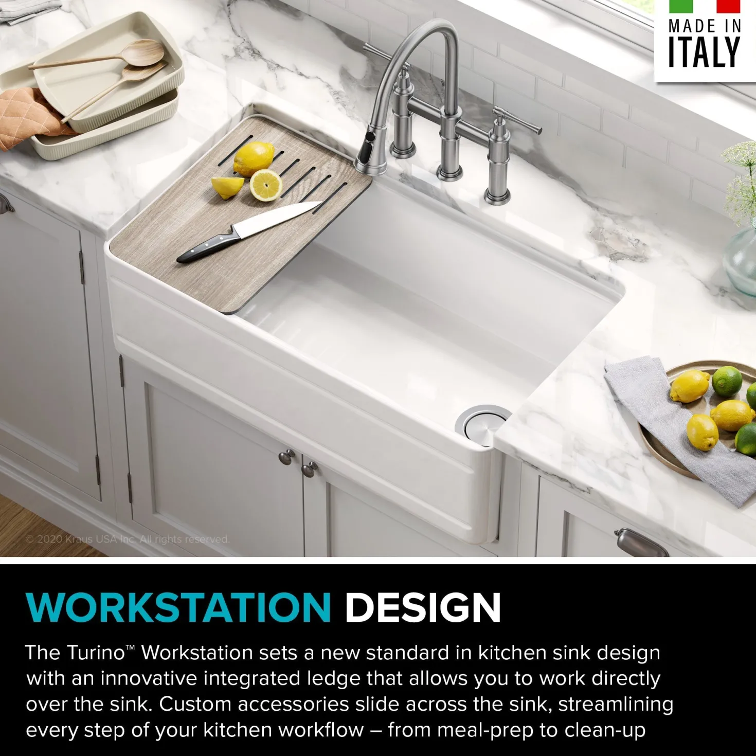 KRAUS Turino Workstation 33" Reversible Apron Front Fireclay Kitchen Sink with Accessories in Gloss White