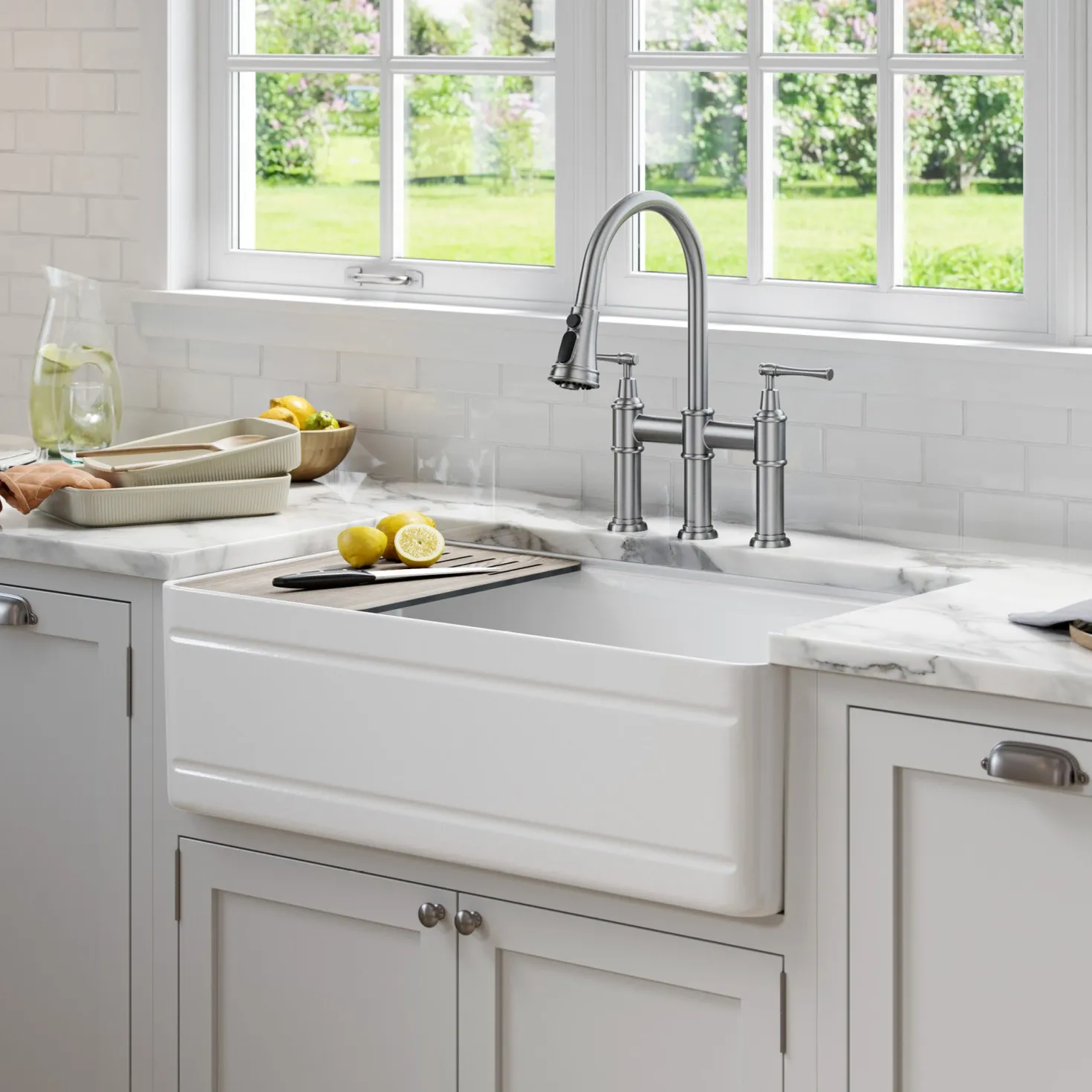 KRAUS Turino Workstation 33" Reversible Apron Front Fireclay Kitchen Sink with Accessories in Gloss White