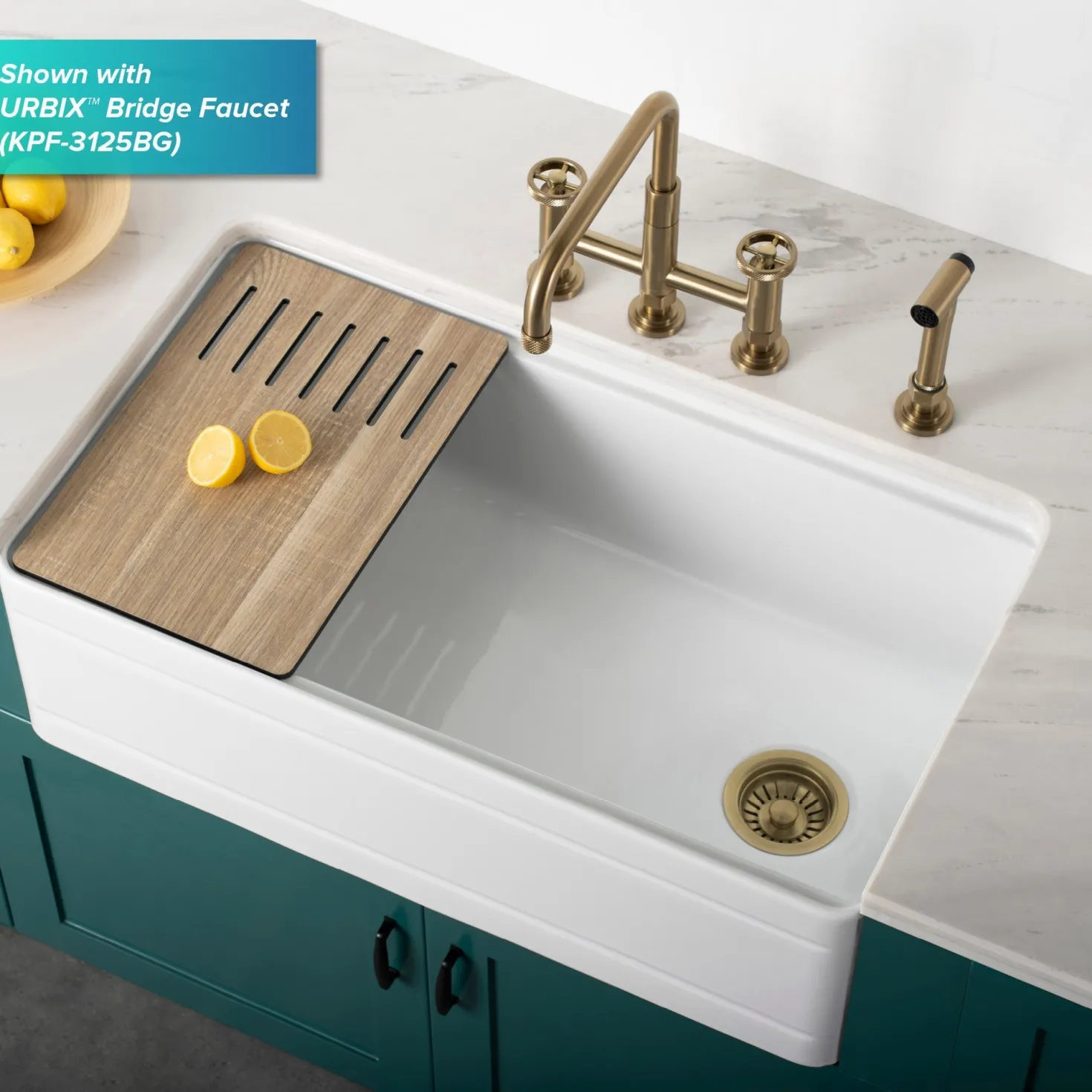 KRAUS Turino Workstation 33" Reversible Apron Front Fireclay Kitchen Sink with Accessories in Gloss White