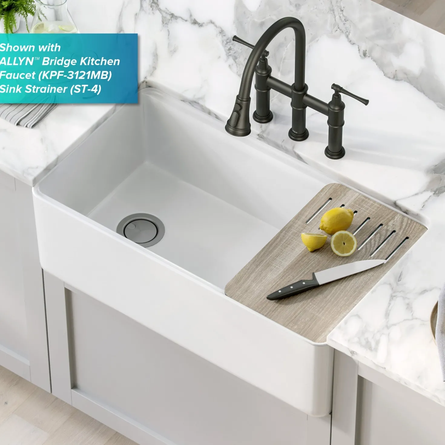 KRAUS Turino Workstation 33" Reversible Apron Front Fireclay Kitchen Sink with Accessories in Gloss White